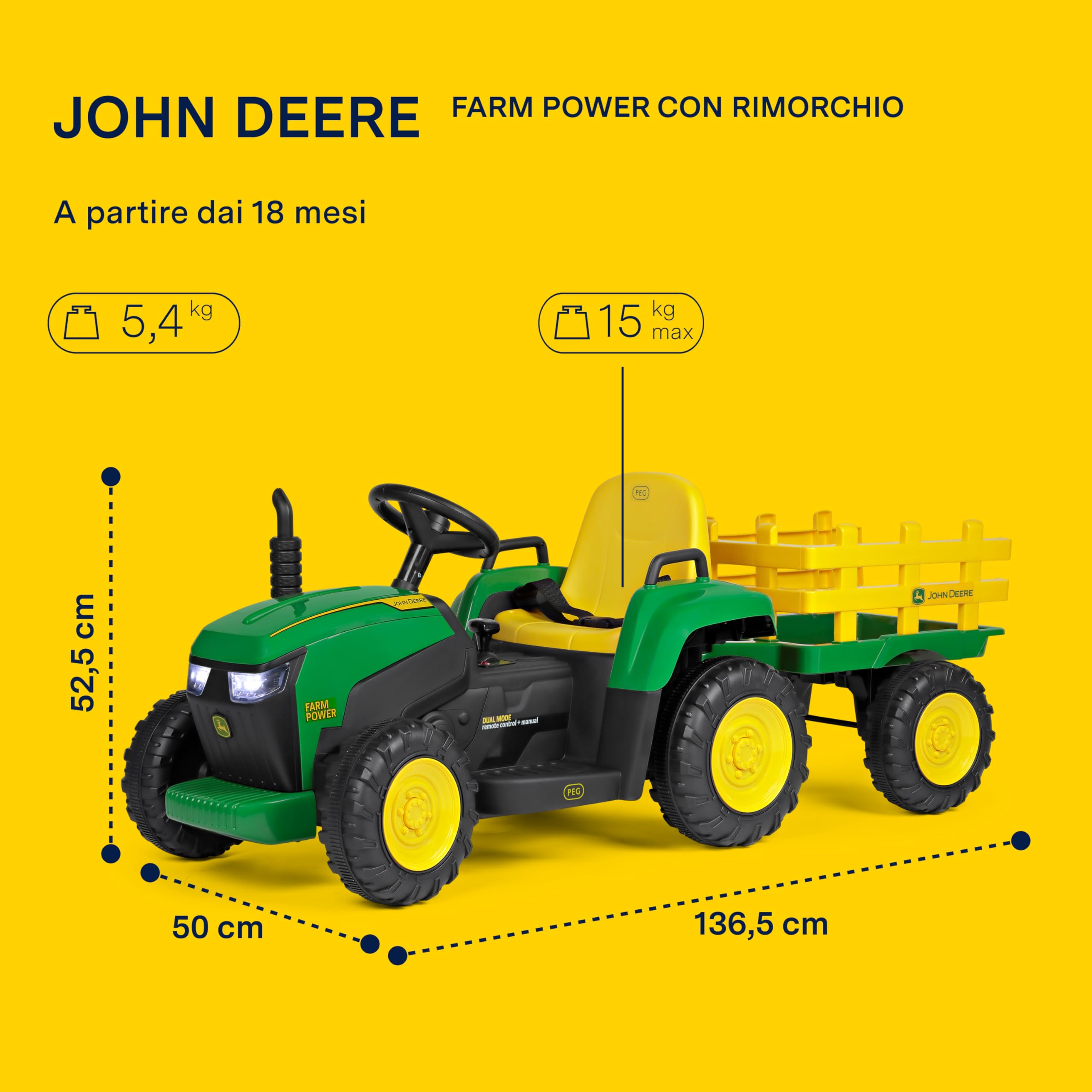peg-perego-john-deere-farm-power-trattore-elettrico-12v-con-rimorchio-e-telecoma image 2