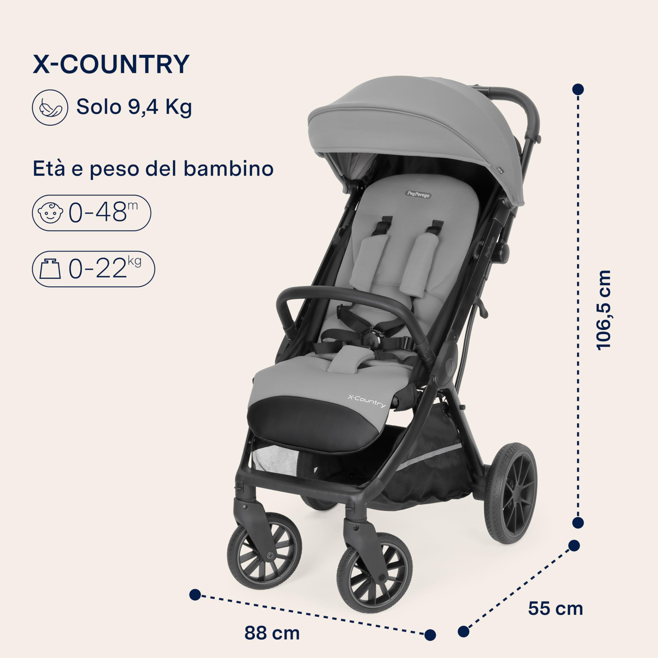 peg-perego-x-country-passeggino-fuoristrada-leggero-0-22-kg-con-parapioggia-merc image 2